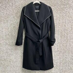 Tahari Coat Women's‎ Small Black Faux Leather Trim Belted Long Wrap